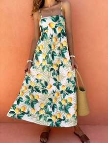 Women's Casual Elegant Vacation Style Lemon Leaf All-Over Print Spaghetti Strap Dress, Spring/Summer - Multicolor - View 6