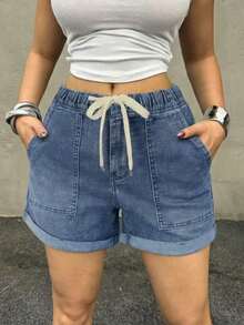 Women's Lightweight Summer Denim Shorts, Casual Loose Drawstring Elastic Waist, Cuffed Hem, Comfortable Vacation Denim Style - Màu xanh lam - Xem 5