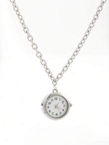 1pc Creative Round Quartz Watch Pendant Necklace, Unisex For Everyday And Party Wear - 復古銀色 - 查看 8