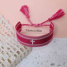 1 pieza Pulsera tejida creativa con bordado de cruz - Rosa Fucsia - View 6