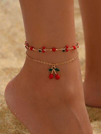 1 Set Of 2 Stylish And Sweet Cherry Pendant Anklets. Made Of Copper, These Exquisite And Lovely Handcrafted Cherry Chains Are Foot Jewelry Sets, Suitable For Ladies To Wear As Daily Outfits Or For Beach Vacations. The Number Of Beads In The Handcrafted Chains Is Not Fixed As They Are Cut According To Length.