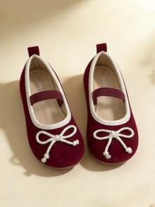 1 Pair Girls' Mary Jane Flat Shoes With Bow, Round Toe Elastic Band, Suitable For Daily Dresses - Burgundy - View 1