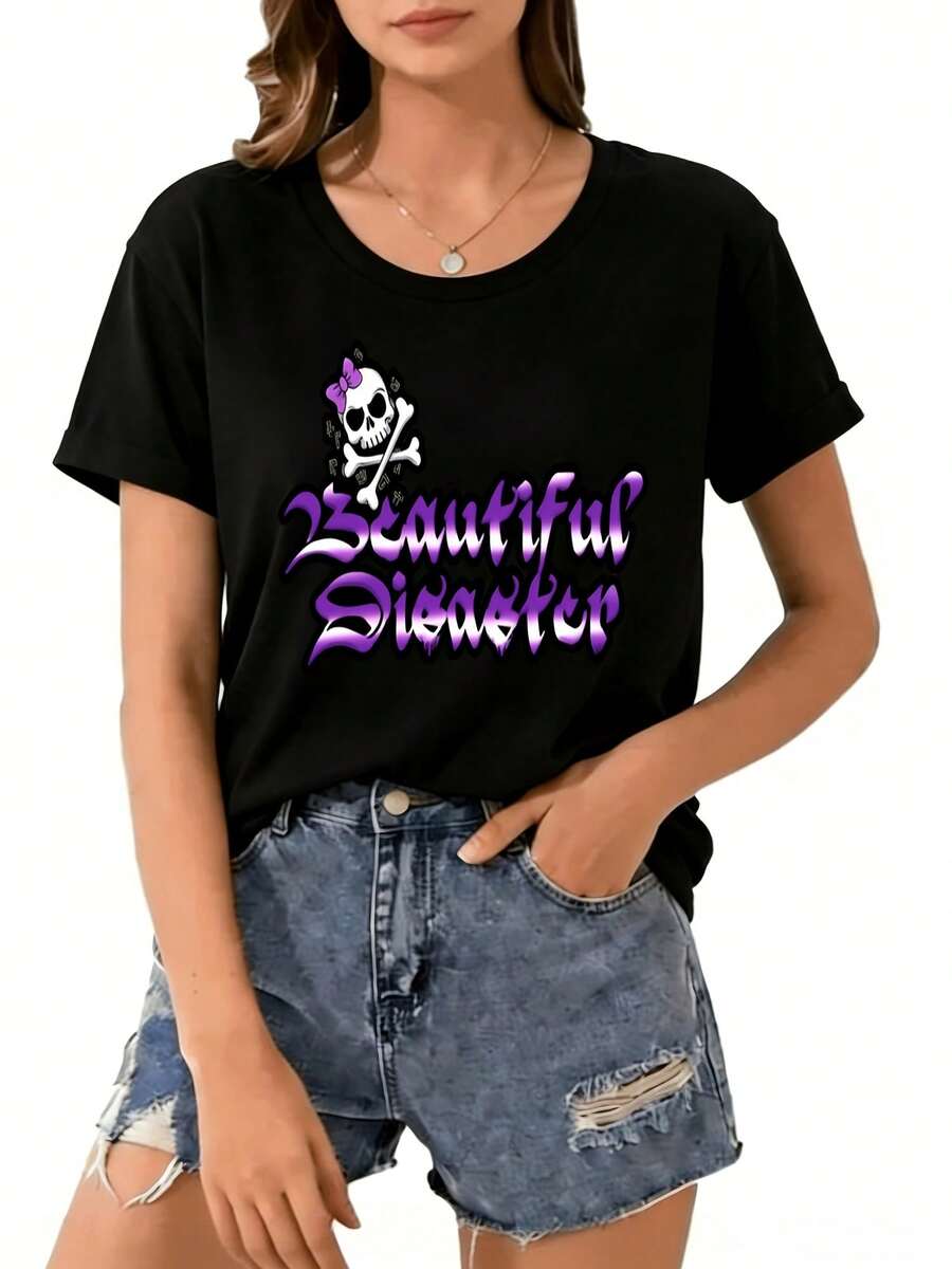 Plus Size Casual Skull Print Tee For Women, Black Short Sleeve Round Neck T-Shirt, Summer Fashion Top With 'Beautiful Disaster' Slogan - 黑色 - 查看 1