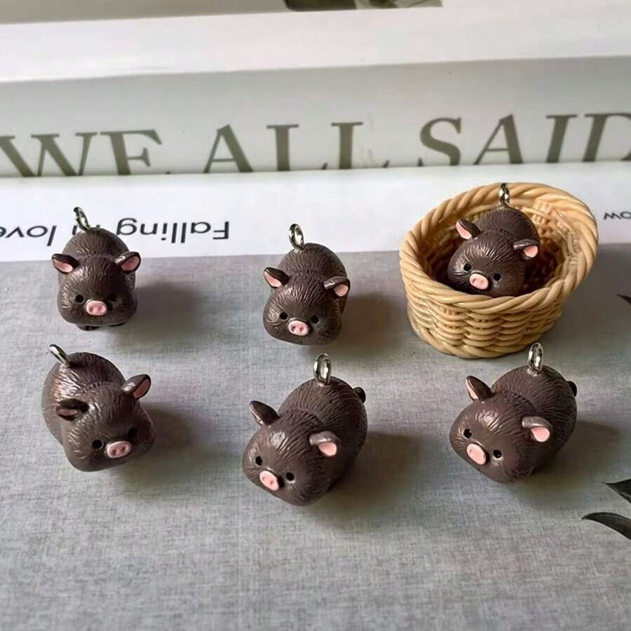 2D Flat - Set Of 6 2D Pig Charms Made Of Resin, Perfect For Jewelry Crafting - Multicolor - View 1