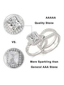 AIHUASI 2pcs/Set 925 Sterling Silver Elegant Wedding Rings Set For Women Center Stone 6*8mm 1.88 Carat Radiant Cut Dazzling AAAAA Cubic Zirconia Bridal Set Fine Jewelry Valentines Gift - Silver - View 7