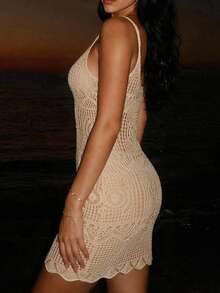 Vestido mini sexy de estilo retro para vacaciones de verano de las mujeres, con diseño calado y de un solo color, para la playa, viajes y estilo bohemio. - Albaricoque - Ver 8