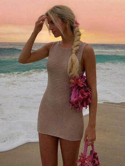 Women's Casual Retro Solid Color Knitted Cover-Up Dress Vacation Beach