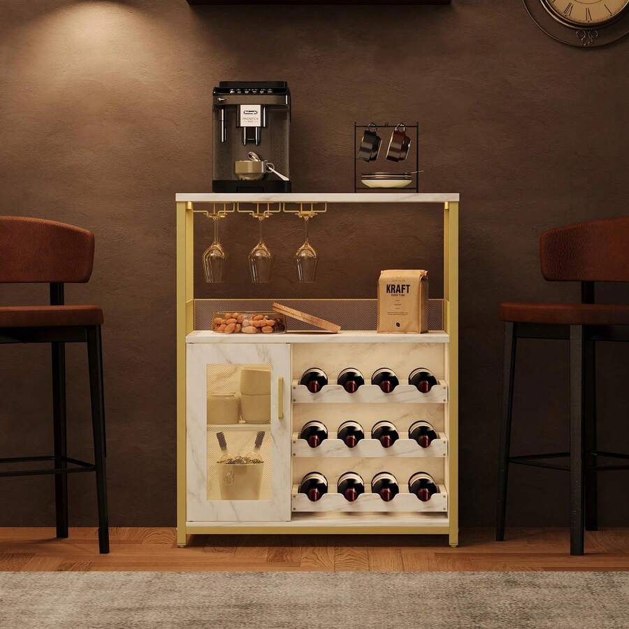 Armario de bar de vino moderno de 36 pulgadas con puerta de malla - estante de vidrio ajustable y estantes extraíbles - Oro - con luces - Ver 1