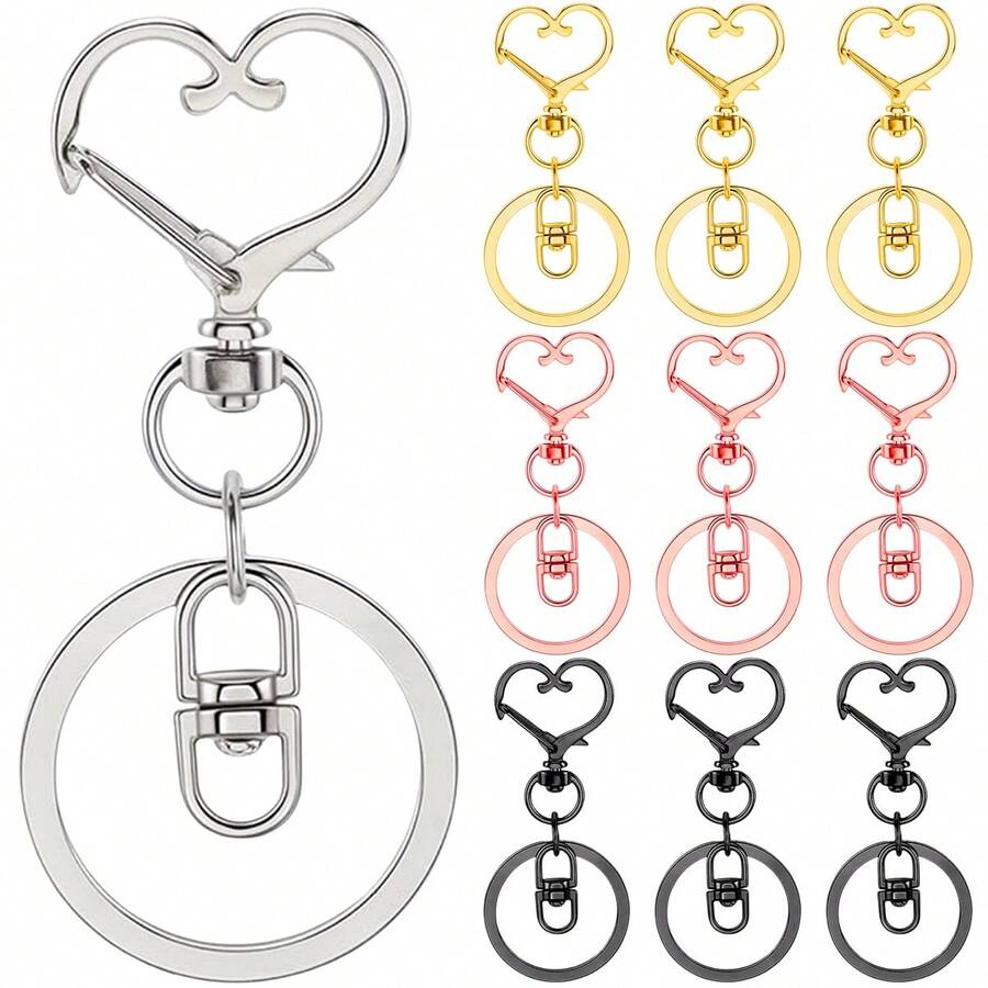 10个心形钥匙扣，带龙虾扣和旋转环，适用于钥匙链、包包挂饰、DIY工艺品和礼品。 - 愛心中8平圈 - 查看 1
