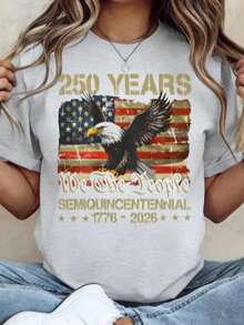 Women Loose 100% Cotton Graphic Tee, 250th American Independence Patriotic Print Top, Machine Washable Casual Outfit For 4th Of July Party Events - 淺灰色 - 查看 1