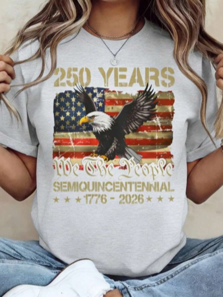 Women Loose 100% Cotton Graphic Tee, 250th American Independence Patriotic Print Top, Machine Washable Casual Outfit For 4th Of July Party Events - 淺灰色 - 查看 1