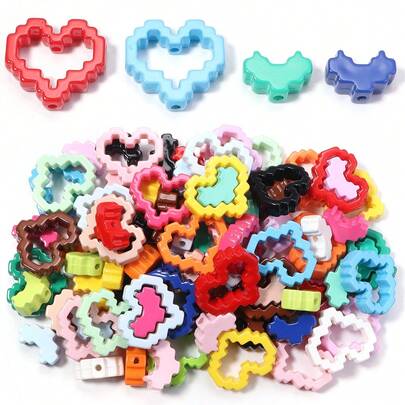 10颗/包 丙烯颜料像素爱心珠，彩色空心和实心爱心珠，可爱新颖的散珠，适合制作手链、项链、耳环等DIY饰品