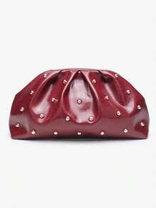 新款铆钉链条褶皱手拿包，时尚简约百搭蘑菇斜挎包 - 紅色 - 查看 1