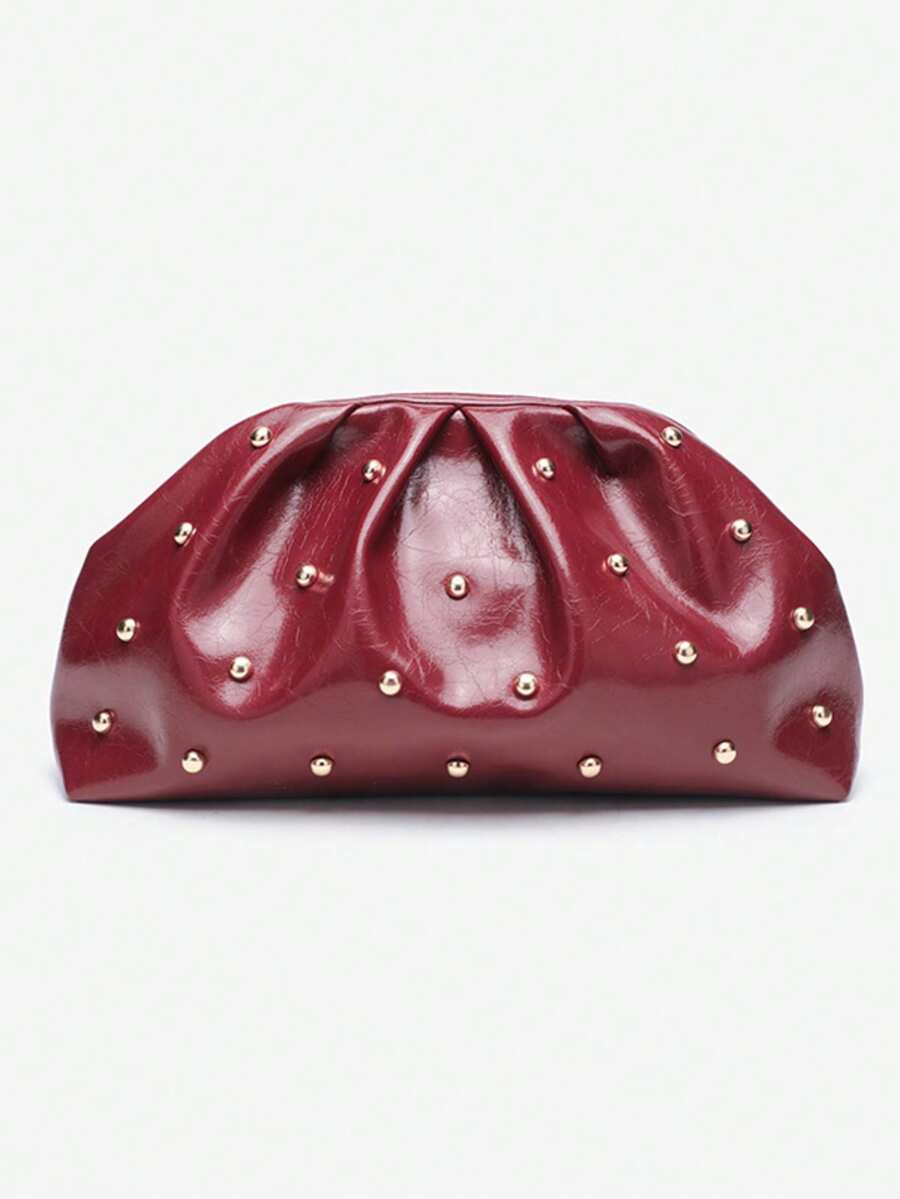 新款铆钉链条褶皱手拿包，时尚简约百搭蘑菇斜挎包 - 紅色 - 查看 1