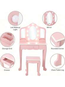 Escritorio de vanidad de niños con luz y taburete, Juego de vanidad de niñas con espejo, cajón y juego de maquillaje fingido, escritorio de maquillaje de la princesa de madera, mesa de vestir de estudio, vanidad del niño pequeño - Rosa - Ver 3