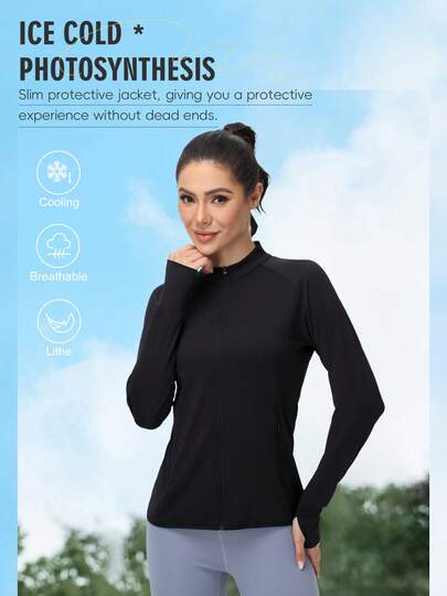 Women's Lightweight Outdoor Jacket With Elastic Stand Collar, Suitable For Running, Fitness, Yoga, Cycling, Hiking, Spring/Summer Black