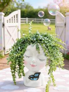 Facial Planter/Pot, Suitable For Indoor And Outdoor Plants, Made Of Resin, Suitable For Succulents, With Drainage Hole, Cute Lady Face Shaped Planter - A - View 9