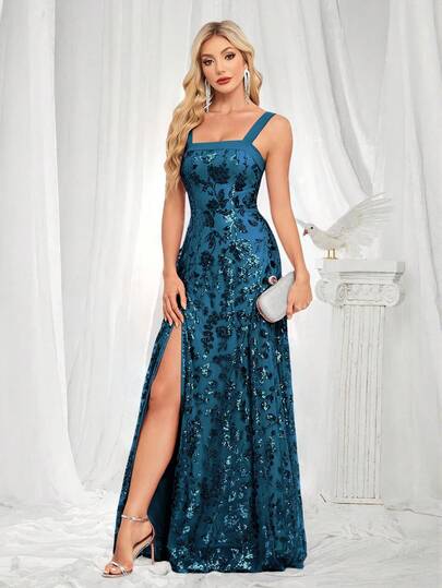 Women's Sleeveless Floral Sequin High Slit Sexy Party Dress, Elegant Evening Gown, Formal Ball Gown, Wedding Guest Dress, Graduation Ceremony, Formal Dinner Party And Other Occasions