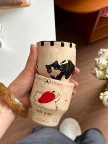 290毫升复古手工苹果小狗陶瓷杯，防滑杯，咖啡杯，拿铁杯，家用下午茶杯，节日礼物叠放杯，优雅法式花卉杯，牛奶杯，马克杯 - 彩色 - 查看 2