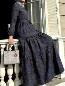 Ditsy Floral Print Elegant Conservative Casual Belt Formal Evening Long Sleeve Dress Vacation Fall - Dark Grey - View 3