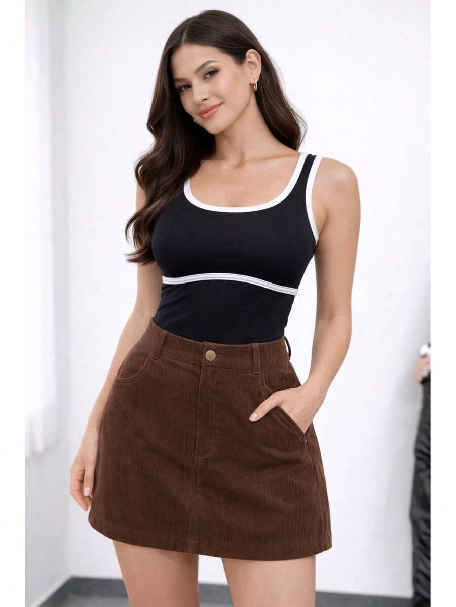 Women's Short Corduroy Skirt, Casual And Elegant, Winter Fashion - 鏽棕色 - 查看 1