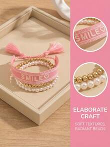 3件組時尚 SMILE 手工編織手鍊套組，附仿珍珠珠飾，甜美日常兒童珠寶飾品配件 - 粉色 - 查看 2