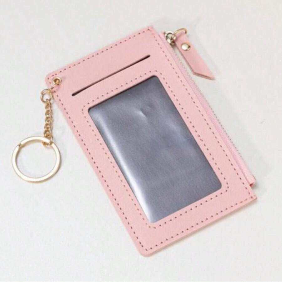 Zipper Card Holder With Keychain, Suitable As Gift For Friends And Family - Pink - View 1