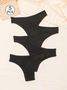 5 piezas Bragas de mujer de alta elasticidad acanaladas, ropa interior con diseño de letras de talle bajo - Negro - Ver 7
