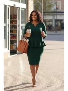 Plus Size Vintage Peplum Pencil Dress For Work Or Church - 綠色 - 查看 5