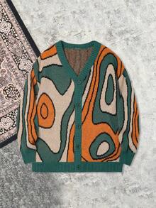 Autumn/Winter Men's Street Abstract Jacquard Contrast Color Pattern Casual Loose Open Front Cardigan Sweater, Fashion Dropped Shoulder Long Sleeve Knit Plus Size Outerwear - Green - View 2