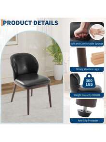 Sillas de comedor tapiceadas Set de 2 Unidades, silla de cocina de tela de cuero / lino de PU con patas de madera, sillas de acento cómodas de asiento de tela para comedor, cocina, sala de estar, fácil montaje - Cuero negro - Ver 3