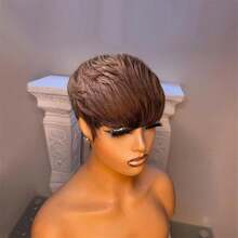 Brazilian Remy Human Hair Pixie Cut Wig, 1B Black , 99J Burgundy, 4# Brown Colored Short Glueless Wig With Bangs, Layered, Full Machine Made, Natural Black, Straight Hair, 180% Density, Rose Cap, For All Ethnicities - Multicolor - View 8