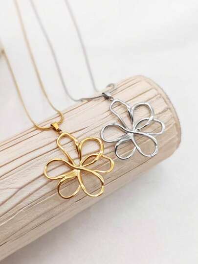 1 pieza Collar con colgante de flor hueca minimalista de acero inoxidable, joyería elegante asimétrica chapada en oro de 18K para mujeres