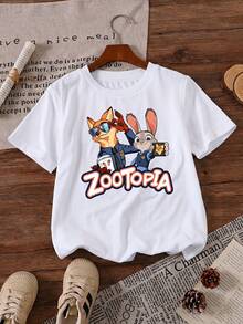 Disney DIS Zoo Nick Wilde Judy Hopps Partners Printed Pattern T-Shirts For Girls - Children's Clothing Design Short-Sleeved Casual And Cute Style Comfortable And Casual Wear All Year Round Suitable For Parties And Play Machine Washable Gift Children's Clothing Girls' Short-Sleeved Shirts - White - View 2