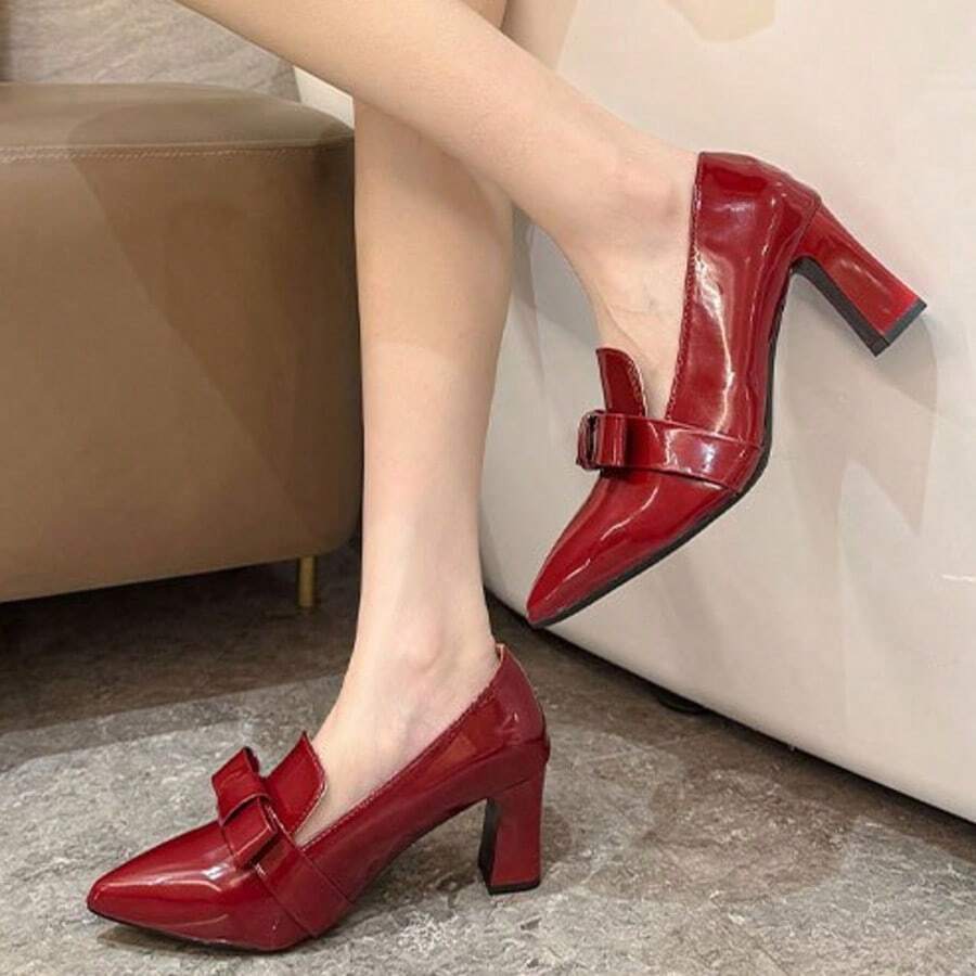 Giày cao gót da PU thắt nơ thanh lịch, duyên dáng cho mùa xuân và mùa thu. - Đỏ - Xem 1