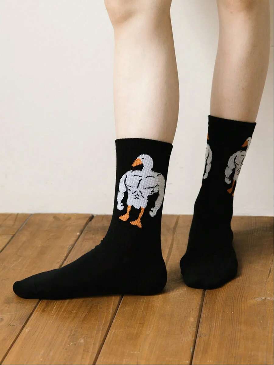 1 đôi tất dài đến bắp chân, kiểu dáng unisex, họa tiết ngỗng cơ bắp, độc đáo và dễ thương, mềm mại và thoáng khí, thiết kế theo phong cách sinh viên, phù hợp cho mọi mùa. - màu đen - Xem 1