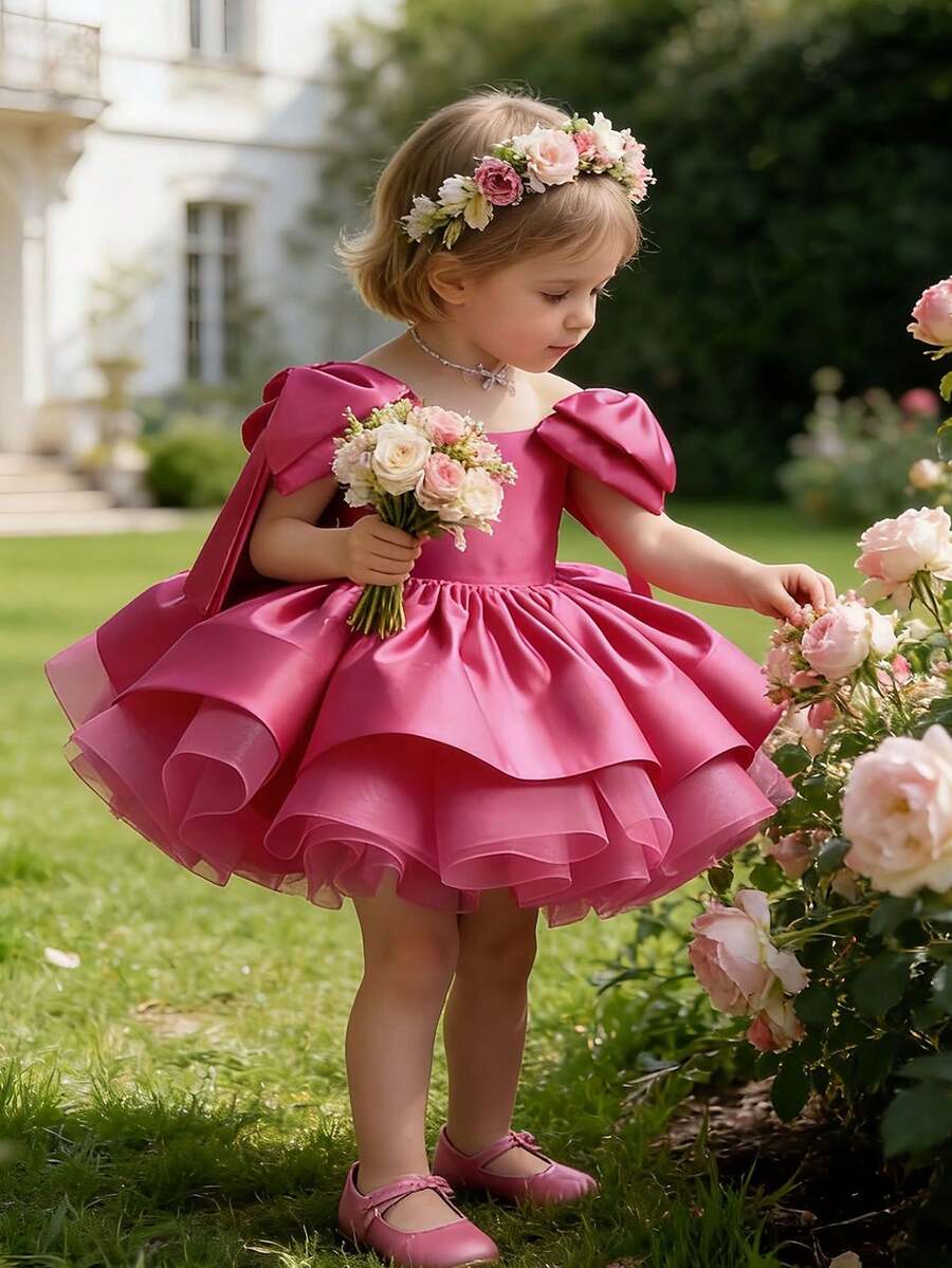 Baby Girls' Elegant Cute Bow Decor Sling Mesh Dress, Princess Dress For Birthday Party, Gathering, Vacation, Easter - Màu Hồng Tươi - Xem 1
