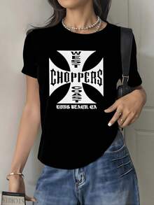 Cruz grande con letras góticas que evocan fuerza libertad y espíritu aventurero representando el poder de la  y la pasión por la velocidad camiseta de mujer 220g casual moderna para uso diario - Negro - Ver 8
