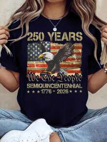 Women Loose 100% Cotton Graphic Tee, 250th American Independence Patriotic Print Top, Machine Washable Casual Outfit For 4th Of July Party Events - 海軍藍 - 查看 14