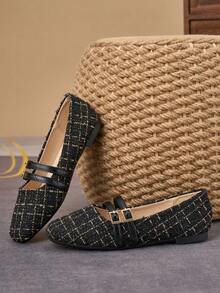 WHDXY Giày cao gót đế thấp mũi vuông kiểu Mary Jane kẻ caro vải tweed dành cho nữ, phù hợp cho công sở, đi làm, hẹn hò và mặc hàng ngày. - màu đen - Xem 7