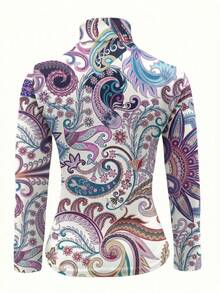 European And American New Arrival Elegant Retro High Collar Fitted T-Shirt, Full Body Print, Long Sleeve Turtleneck Undershirt, Suitable For All Seasons Casual Vacation - Purple - View 3