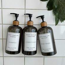 3pcs 500ml/16oz Transparent Green Light-Blocking Refillable Bottles, Pump Style For Shampoo, Body Wash, Conditioner, Bathroom Replaceable Plastic Bottles Set - A - View 1