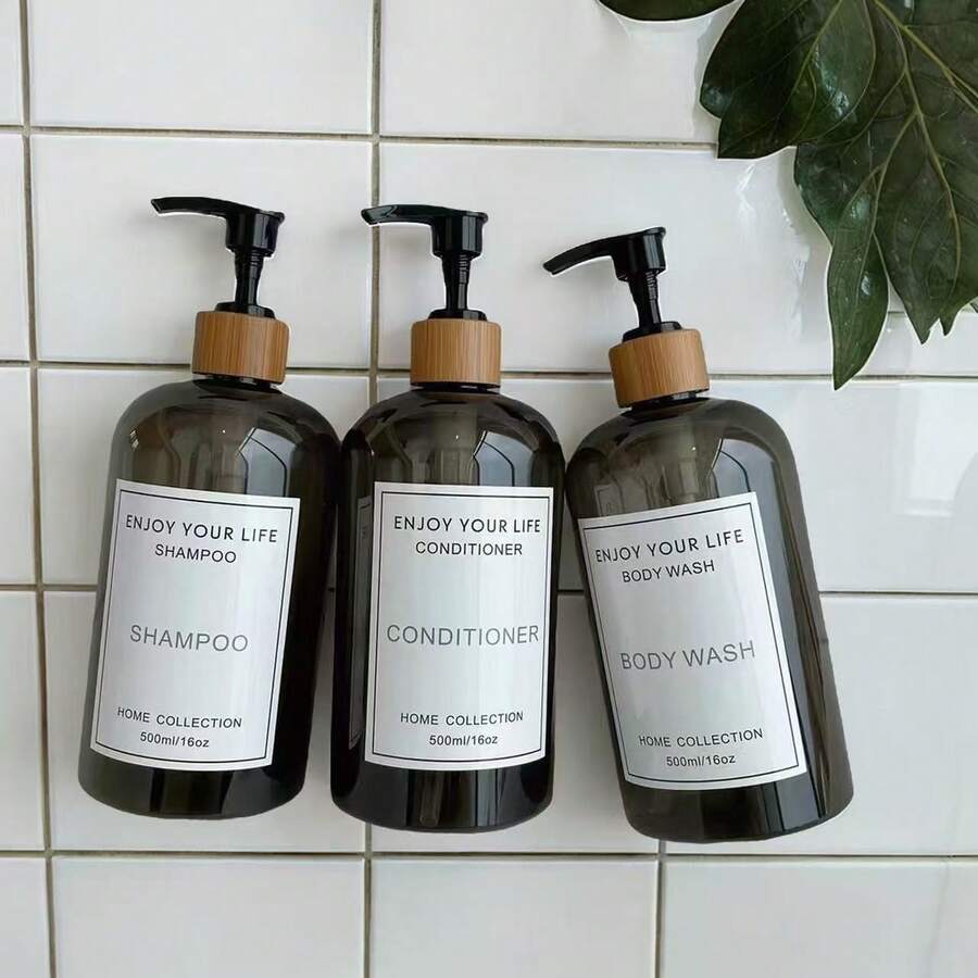 3pcs 500ml/16oz Transparent Green Light-Blocking Refillable Bottles, Pump Style For Shampoo, Body Wash, Conditioner, Bathroom Replaceable Plastic Bottles Set - A - View 1