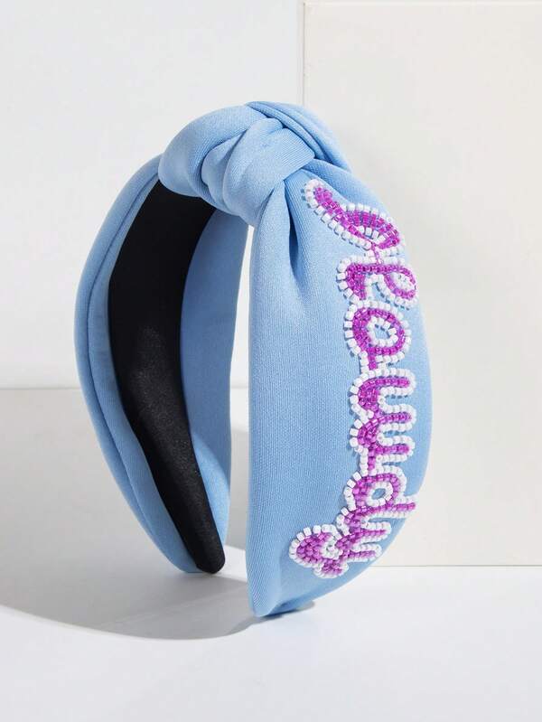 1 pièce Bandeau en tissu de couleur unie noué, style coréen minimaliste mode perles brodées lettre doux élégant, accessoire de cheveux polyvalent esthétique de fée pour l'été pour femmes, serre-tête, diadème