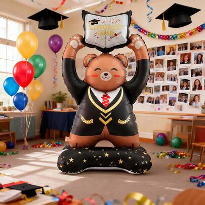 1 pieza Globo de papel de aluminio con forma de oso marrón gigante de 150 cm sosteniendo un libro, adecuado para decoración de fiesta de graduación, globo de dibujos animados con base