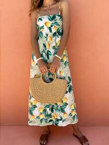 Women's Casual Elegant Vacation Style Lemon Leaf All-Over Print Spaghetti Strap Dress, Spring/Summer - Multicolor - View 3