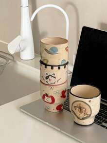 290毫升复古手工苹果小狗陶瓷杯，防滑杯，咖啡杯，拿铁杯，家用下午茶杯，节日礼物叠放杯，优雅法式花卉杯，牛奶杯，马克杯 - 彩色 - 查看 3