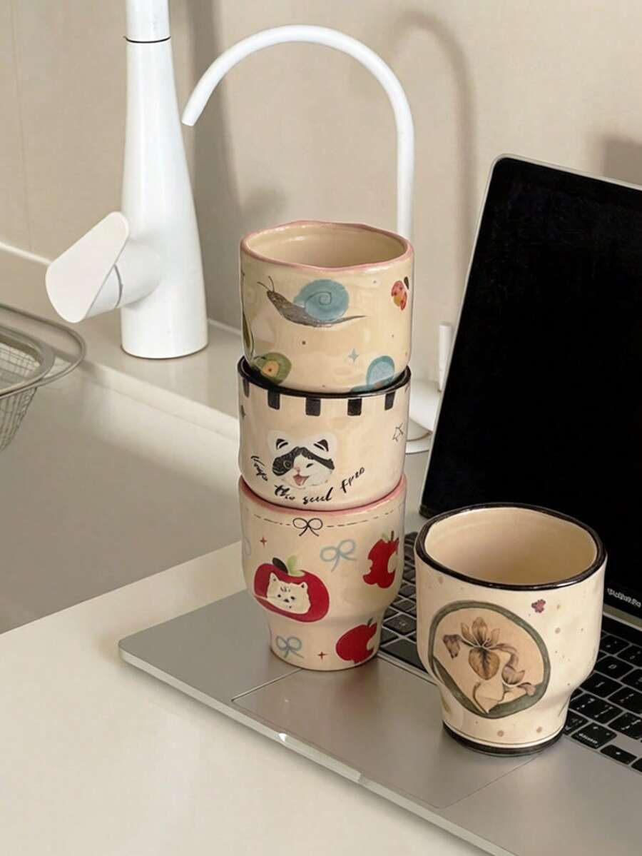 290毫升复古手工苹果小狗陶瓷杯，防滑杯，咖啡杯，拿铁杯，家用下午茶杯，节日礼物叠放杯，优雅法式花卉杯，牛奶杯，马克杯 - 彩色 - 查看 1