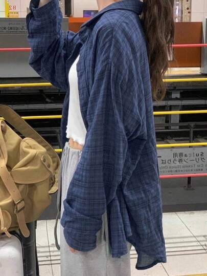 レトロチェック柄シャツ レディース、韓国版 秋新作 ルーズ 長袖 ミドル丈 カジュアル トップス 春