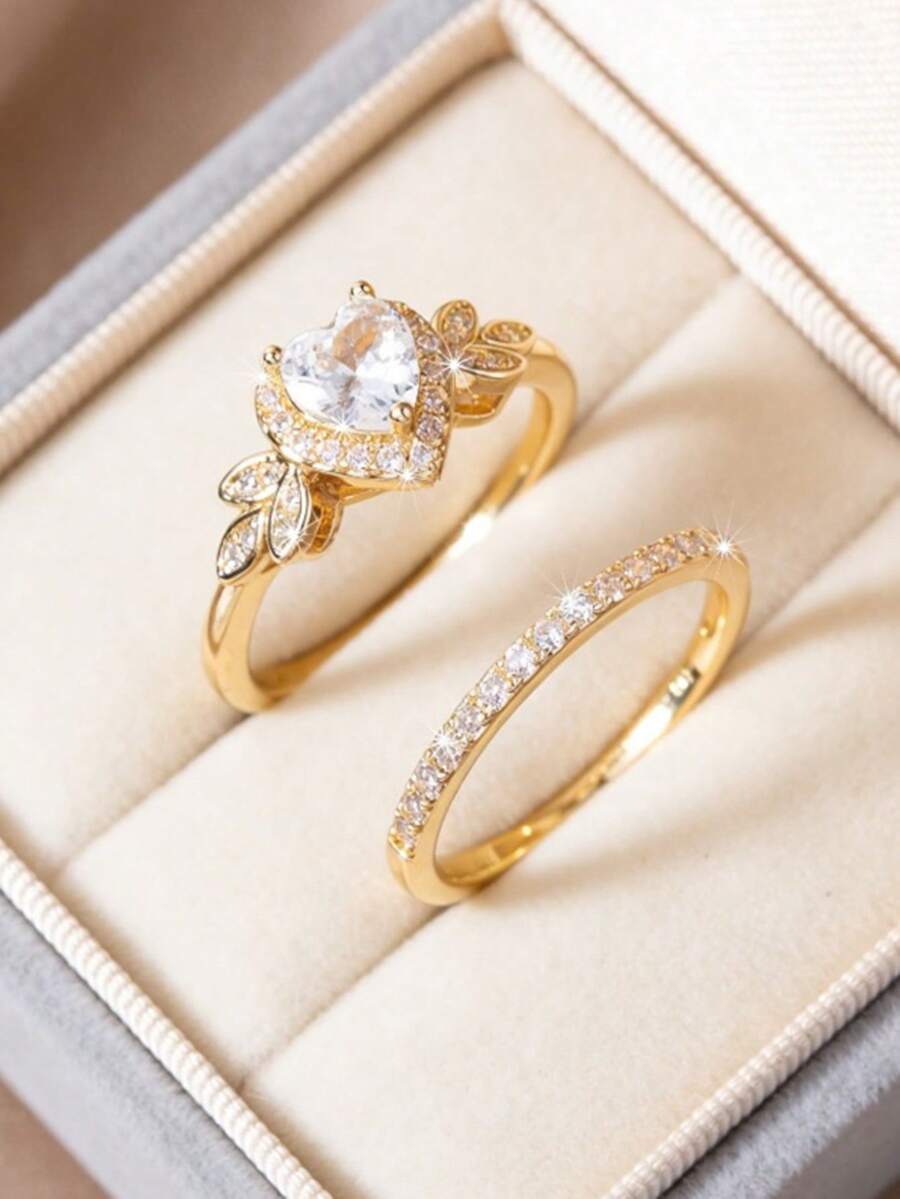 心形切割锆石订婚戒指套装，叶子造型可叠戴新娘结婚戒指，女士求婚戒指，承诺戒指，订婚戒指，永恒戒指 - 金色 - 查看 1